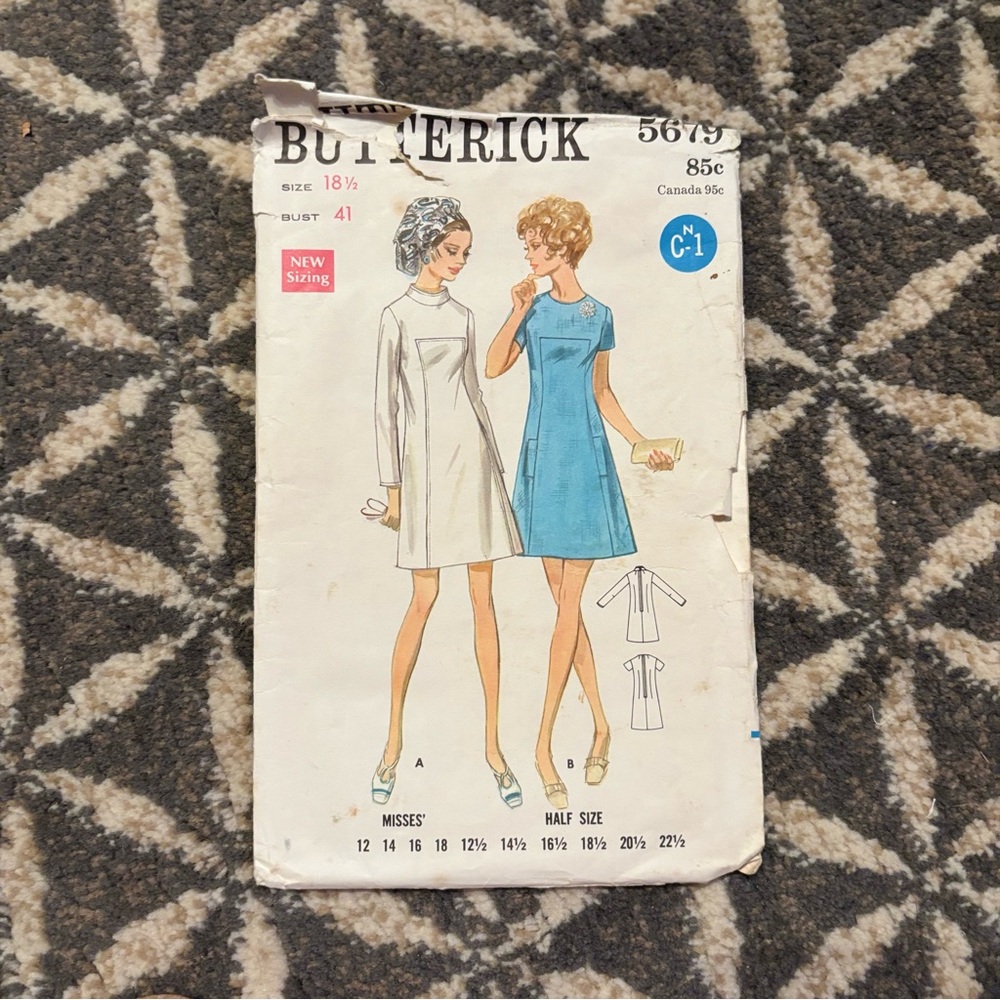 60's Butterick Pattern 5679 - One-Piece Misses Dress - Bust 41 - 60's Mini Dress